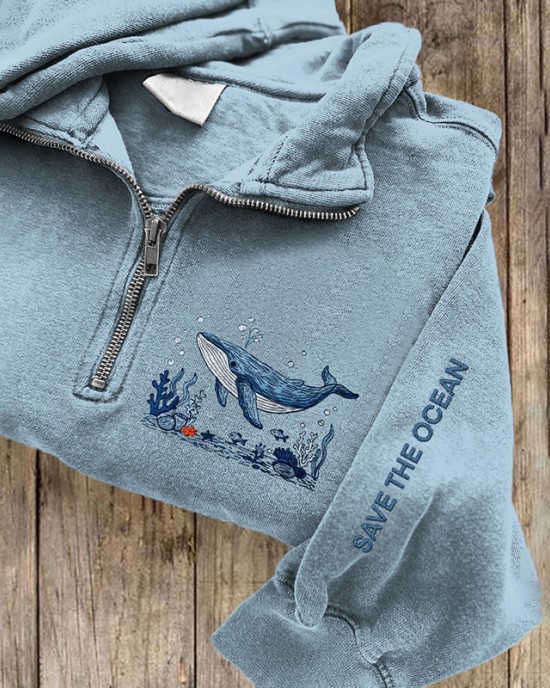 Save The Ocean Whale Embroidered Zip Up Sweatshirt Save The Ocean Whale Embroidered Zip Up Sweatshirt