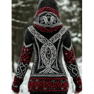 Women's Viking Style Knitted Jacquard Hooded Cardigan Sweater
