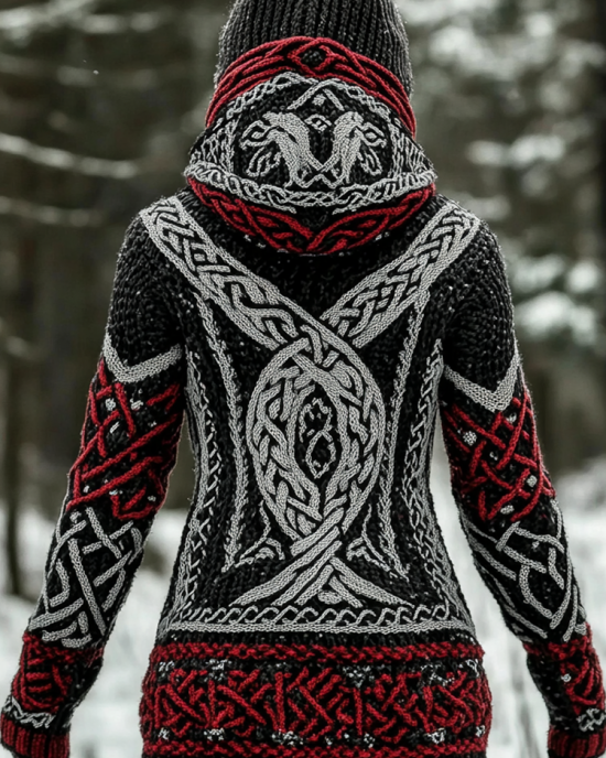 Women's Viking Style Knitted Jacquard Hooded Cardigan Sweater Women's Viking Style Knitted Jacquard Hooded Cardigan Sweater