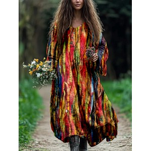Colorful Boho Patchwork Flowy Linen Maxi Dress