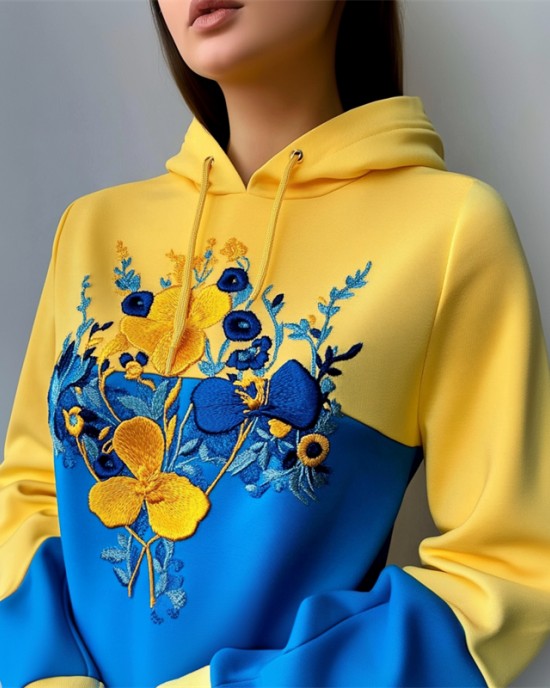 Ukraine Floral Embroidered Contrast Patchwork Hoodie Ukraine Floral Embroidered Contrast Patchwork Hoodie