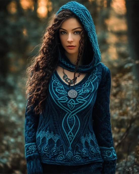 Peacock Inspired Celtic Jacquard V Neck Sweater