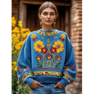 Ukrainian Folk Floral Embroidered Vintage Comfy Sweatshirt
