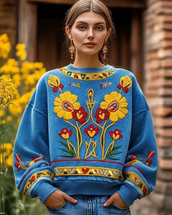 Ukrainian Folk Floral Embroidered Vintage Comfy Sweatshirt Ukrainian Folk Floral Embroidered Vintage Comfy Sweatshirt