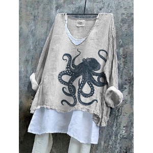 Vintage Japanese Art Octopus V Neck Linen Blend Shirt