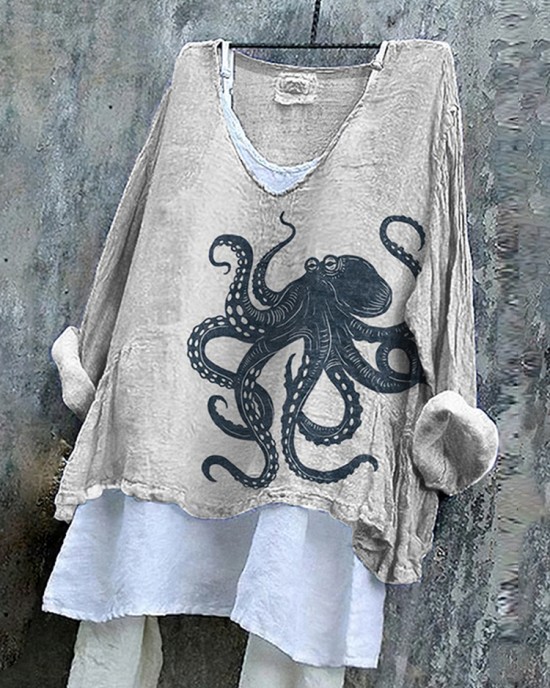 Vintage Japanese Art Octopus V Neck Linen Blend Shirt Vintage Japanese Art Octopus V Neck Linen Blend Shirt