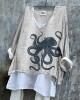 Vintage Japanese Art Octopus V Neck Linen Blend Shirt Vintage Japanese Art Octopus V Neck Linen Blend Shirt