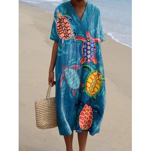Women's Resort Collection Watercolor Turtle Pattern Pattern Casual Flowy Midi Dress