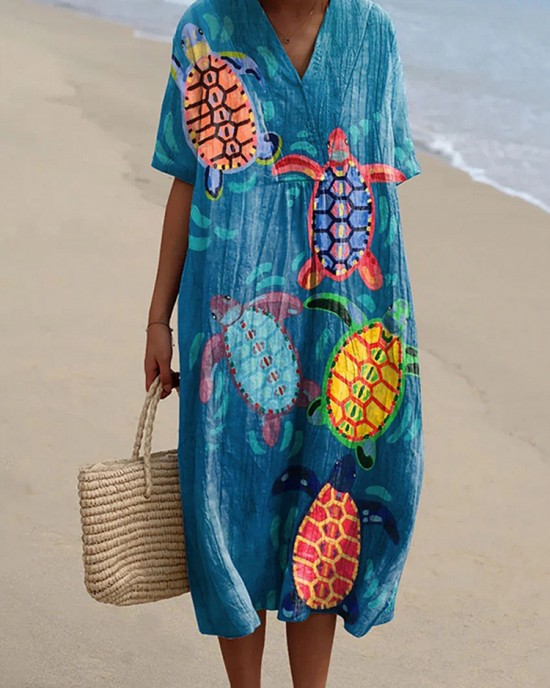 Women's Resort Collection Watercolor Turtle Pattern Pattern Casual Flowy Midi Dress Women's Resort Collection Watercolor Turtle Pattern Pattern Casual Flowy Midi Dress