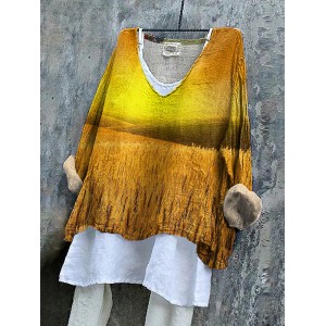 Women's Sunset Wheat Print Linen V-neck Shirt