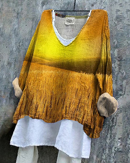 Women's Sunset Wheat Print Linen V-neck Shirt Women's Sunset Wheat Print Linen V-neck Shirt