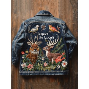 Retro Elk Floral Embroidered Art Respect The Locals Denim Jacket