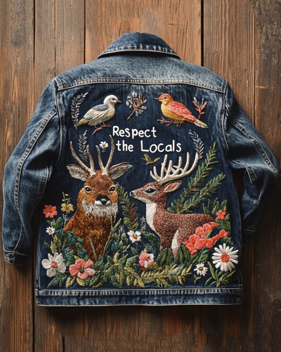Retro Elk Floral Embroidered Art Respect The Locals Denim Jacket Retro Elk Floral Embroidered Art Respect The Locals Denim Jacket