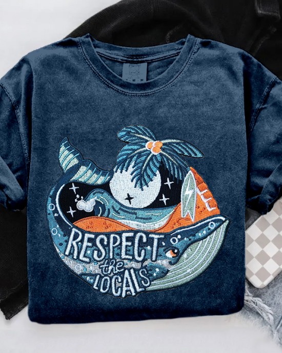 Respect The Locals Ocean Whale Embroidered Cozy T Shirt
