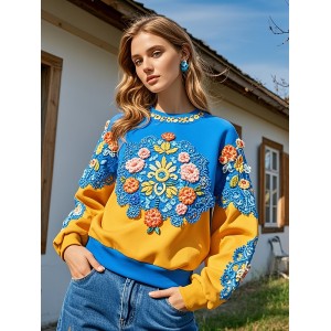 Ukraine Floral Embroidered Crew Neck Casual Sweatshirt