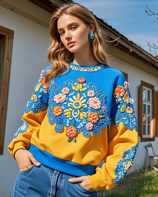 Ukraine Floral Embroidered Crew Neck Casual Sweatshirt Ukraine Floral Embroidered Crew Neck Casual Sweatshirt