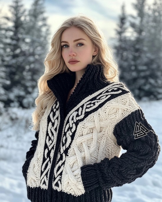 Women's Viking Tribal Jacquard Celtic Inspired Chunky Knit Zipper Cardigan Women's Viking Tribal Jacquard Celtic Inspired Chunky Knit Zipper Cardigan