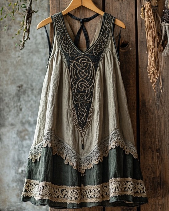 Tribal Celtic Embroidery Patchwork Lace Art Linen Tank Dress Tribal Celtic Embroidery Patchwork Lace Art Linen Tank Dress