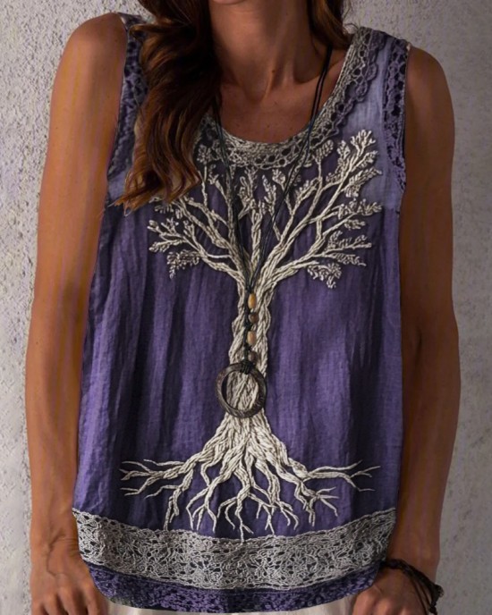 Tree Of Life Lace Embroidered Women's Linen Tank Top Tree Of Life Lace Embroidered Women's Linen Tank Top