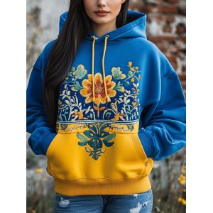 Ukrainian Folk Floral Embroidered Contrast Color Comfy Hoodie