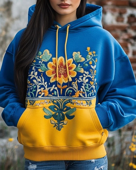 Ukrainian Folk Floral Embroidered Contrast Color Comfy Hoodie Ukrainian Folk Floral Embroidered Contrast Color Comfy Hoodie