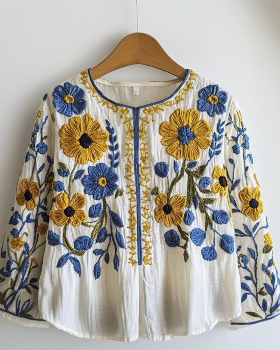 Yellow & Blue Floral Embroidery Art Women's Linen Shirt Yellow & Blue Floral Embroidery Art Women's Linen Shirt