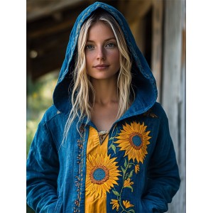 Ukraine Ethnic Sunflowers Embroidered Contrast Patchwork Hoodie