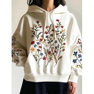 Elegant Florals Plants Embroidered Cozy Hoodie