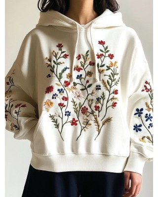 Elegant Florals Plants Embroidered Cozy Hoodie