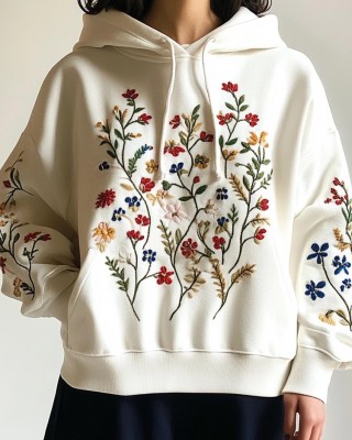 Elegant Florals Plants Embroidered Cozy Hoodie