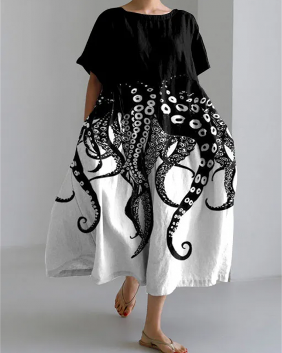 Tentacles Lover Essential Contrast Print Short Sleeve Dress Tentacles Lover Essential Contrast Print Short Sleeve Dress
