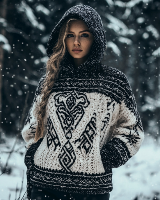 Women's Viking Totem Celtic Knot Hooded Pocket Sweater Women's Viking Totem Celtic Knot Hooded Pocket Sweater
