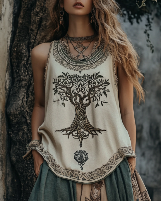 Vintage Tribal Tree Of Life Print Sleeveless Linen Blend Tank Top Vintage Tribal Tree Of Life Print Sleeveless Linen Blend Tank Top