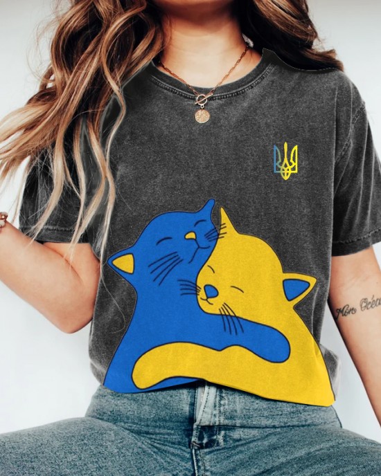 Hug Of Love Abstract Cat Graphics Ukraine Inspired Printed T-shirt Hug Of Love Abstract Cat Graphics Ukraine Inspired Printed T-shirt