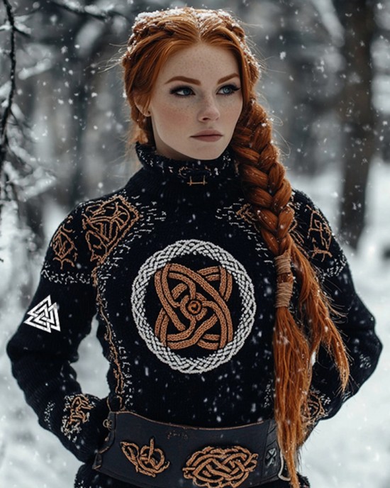 Women's Viking Tribal Jacquard Celtic Style Knitted Turtleneck Sweater