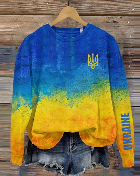 Women's Ukrainian Flag Print Crew Neck Sweatshirt Women's Ukrainian Flag Print Crew Neck Sweatshirt