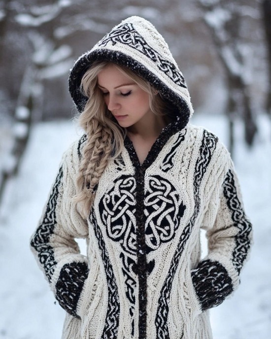 Women's Vintage Celtic Knot Jacquard Cozy Knit Hooded Cardigan Women's Vintage Celtic Knot Jacquard Cozy Knit Hooded Cardigan