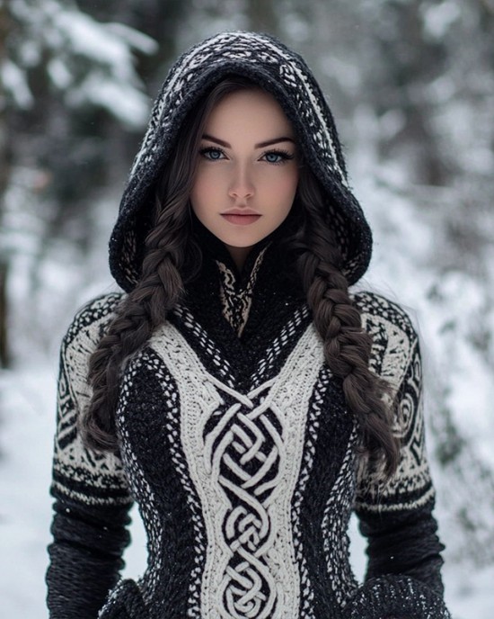 Women's Celtic Knot Jacquard Contrast Color Knit Hooded Sweater