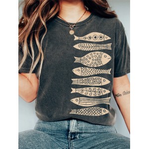Fish Japanese Lino Art Vintage Washed T Shirt