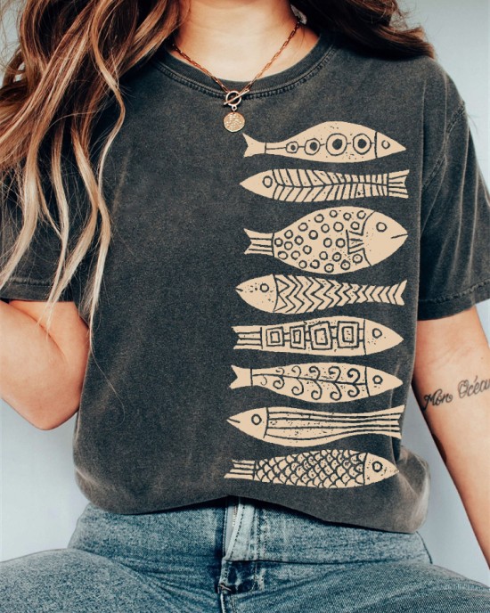 Fish Japanese Lino Art Vintage Washed T Shirt Fish Japanese Lino Art Vintage Washed T Shirt