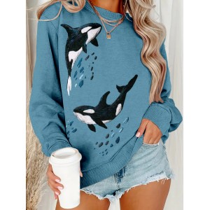 Ocean Whales Embroidery Art Vintage Cozy Sweatshirt