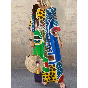 Face Geometric Abstract Art Women's Linen Maxi Dress