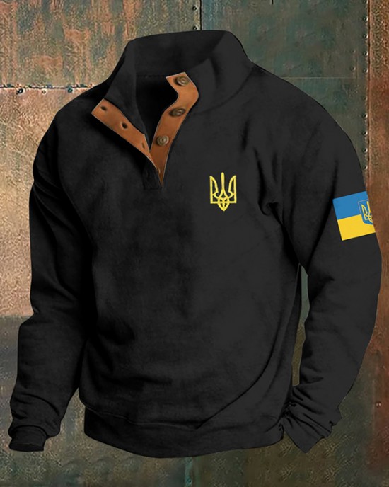 Men Support Ukrainian Trident Symbol Button Stand Collar Sweatshirt Men Support Ukrainian Trident Symbol Button Stand Collar Sweatshirt