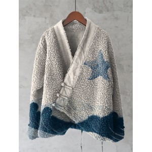 Vintage Wave And Starfish Art Print Kimono Cardigan