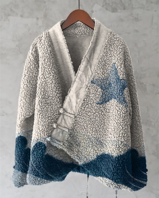 Vintage Wave And Starfish Art Print Kimono Cardigan Vintage Wave And Starfish Art Print Kimono Cardigan
