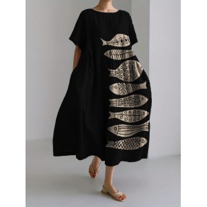 Fish Japanese Lino Art Flowy Linen Blend Maxi Dress