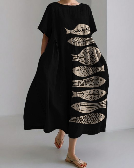 Fish Japanese Lino Art Flowy Linen Blend Maxi Dress Fish Japanese Lino Art Flowy Linen Blend Maxi Dress
