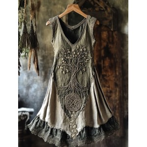 Tribal Life Of Tree Lace Contrast Color Art Linen Tank Dress