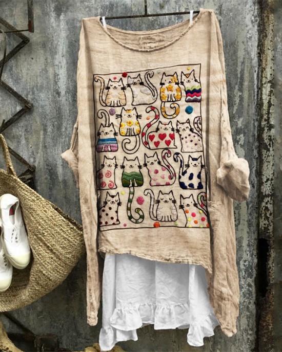 Colorful Cats Embroidered Art Linen Blend Tunic