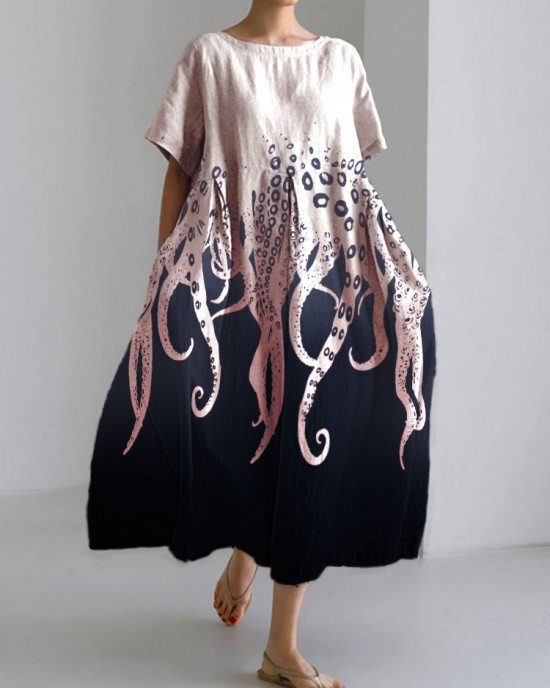 Ocean Octopus Japanese Art Linen Blend Casual Dress Ocean Octopus Japanese Art Linen Blend Casual Dress